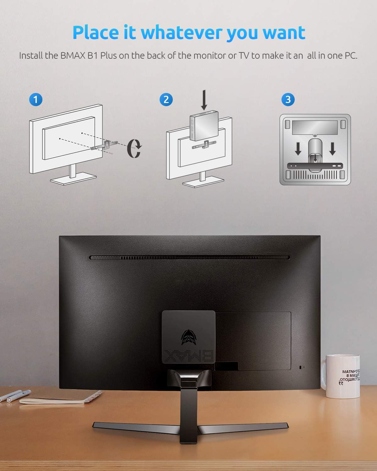 Bmax Mini PC B1 Pro 8 GB LPDDR4 /128 GB eMMC, Intel Gemini Lake N4000 (hasta 2.6 GHz), compatible con expansión SSD M.2 de 512 GB/2 TB, WiFi dual BT4.2 de 2.4G/5G, 4K Dual Display Micro Computadora