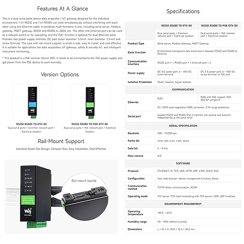 Waveshare RS232 RS485 al servidor serie Ethernet RJ45, funcionamiento independiente de canales duales RS232 y RS485, puertos Ethernet duales, puerto de red PoE