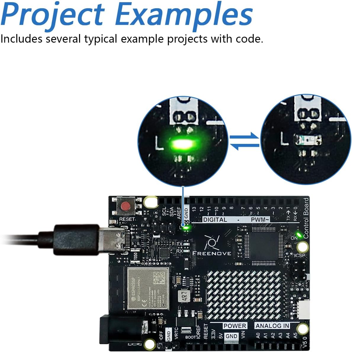 Freenove Tablero de control V5 Rev4 WiFi (compatible con Arduino IDE), microcontrolador Arm Cortex-M4, ESP32-S3 integrado, matriz LED, conector USB-C, proyectos de ejemplo y tutorial de código