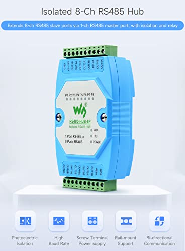 Waveshare Concentrador RS485 aislado de grado industrial de 8 Ch, soporte de montaje en riel, amplio rango de velocidad de baudios