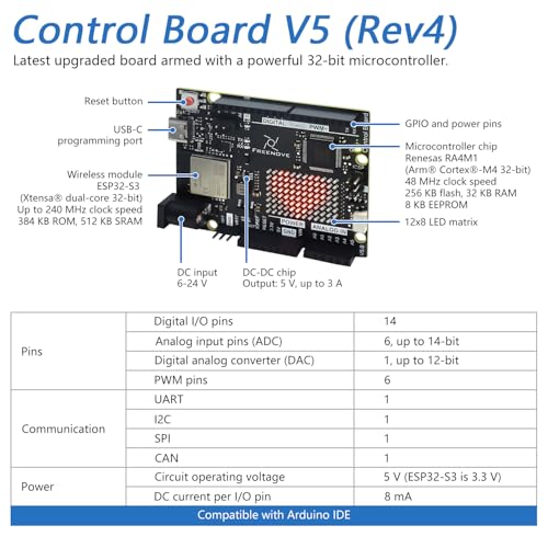 Freenove Tablero de control V5 Rev4 WiFi (compatible con Arduino IDE), microcontrolador Arm Cortex-M4, ESP32-S3 integrado, matriz LED, conector USB-C, proyectos de ejemplo y tutorial de código