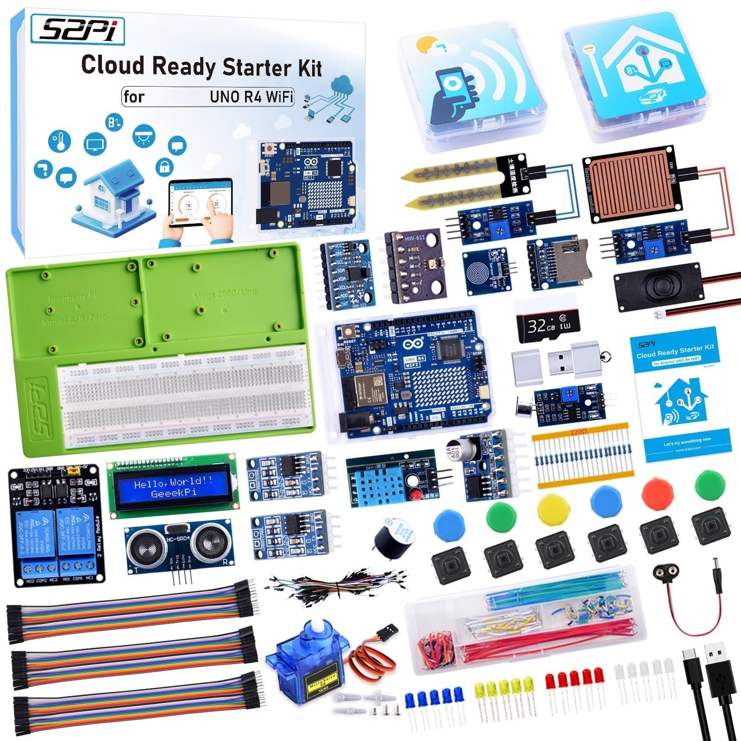 GeeekPi Kit de inicio listo para la nube con WiFi UNO R4, Bluetooth, I2C, matriz LED de 12 x 8, integración de IoT y tutoriales para principiantes e ingenieros