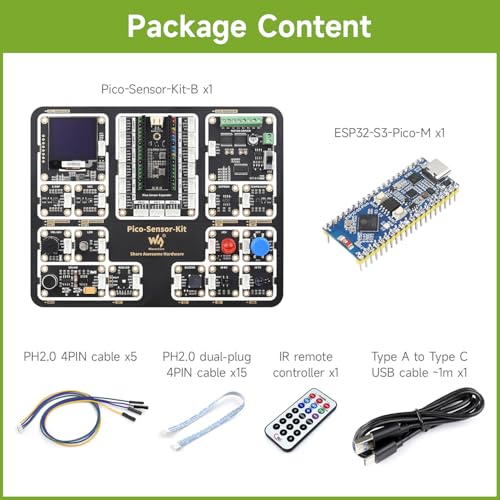 Waveshare Raspberry Pi Pico Entry-Level Sensor Kit, Including Pico Expansion Board and 15 Common modules, All-in-one Design, Bundle with ESP32-S3-Pico-M + Sensor Kit (6 Items)