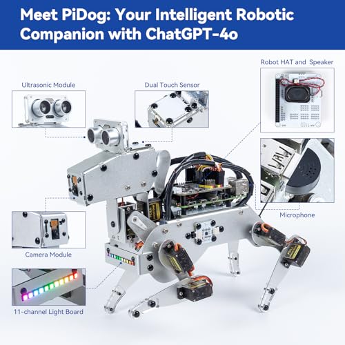 SunFounder PiDog AI Robot Dog Kit para Raspberry Pi 4/3B+/3B/Zero 2W, ChatGPT-4o habilitado con comando de voz y reconocimiento de video, control de aplicaciones, FPV, 12 servos, giroscopio, cámara,