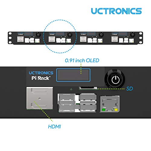 UCTRONICS Ultimate Rack con funcionalidad PoE para Raspberry Pi 4, 19" 1U Rackmount con PoE HAT, todo IO en un lado, pantalla OLED, interruptor de alimentación y ventilador de refrigeración