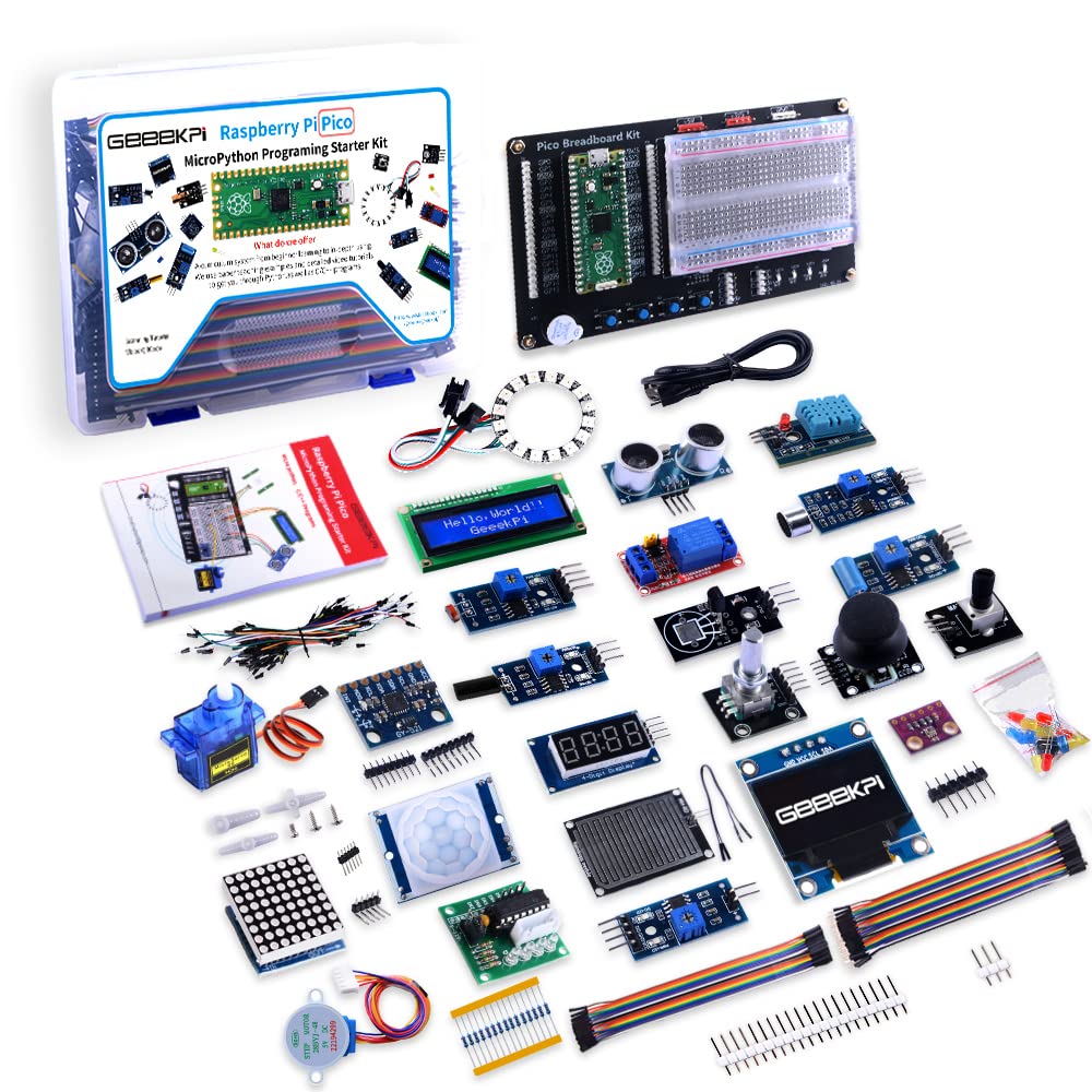 GeeekPi Kit de programación Micro Python para Raspberry Pi Pico, Breadboard, módulo de pantalla LCD I2C 1602 para principiantes de Raspberry Pi e ingeniero de software