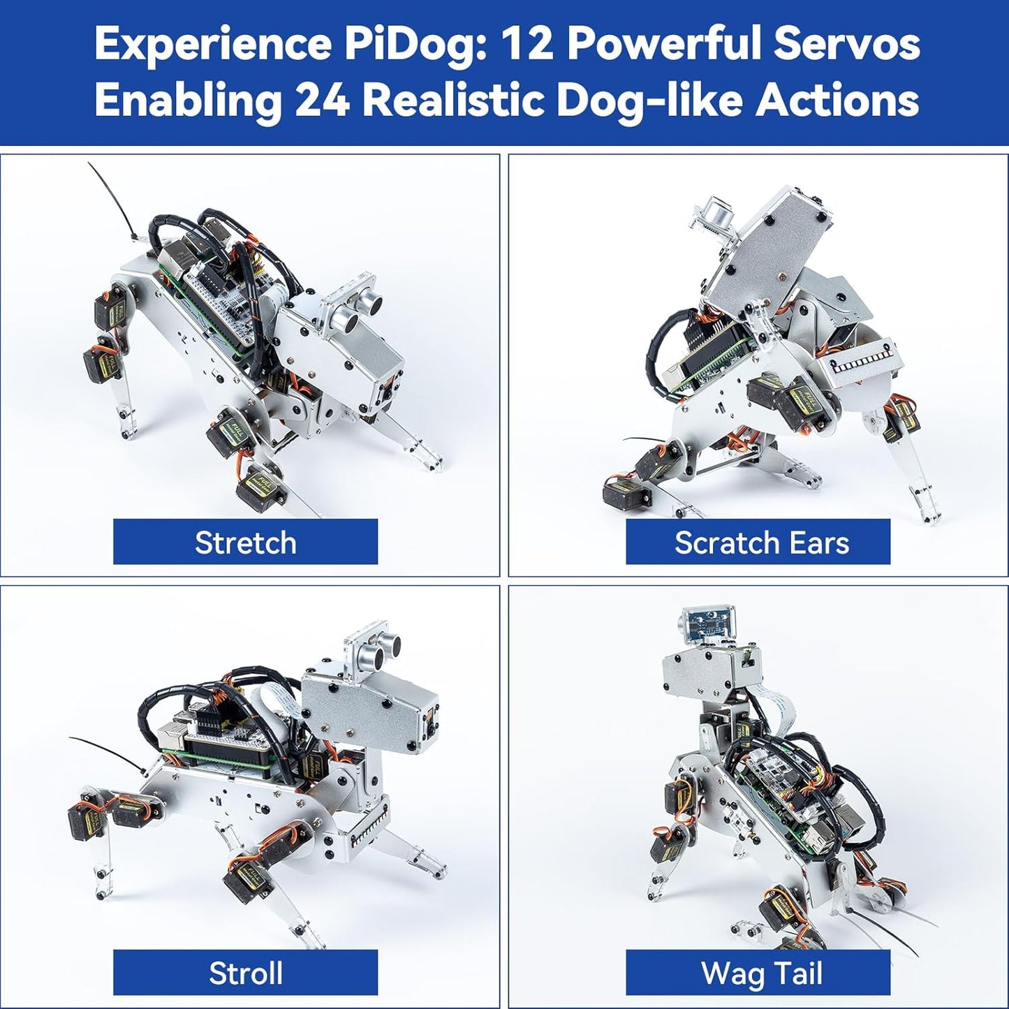 SunFounder PiDog AI Robot Dog Kit para Raspberry Pi 4/3B+/3B/Zero 2W, ChatGPT-4o habilitado con comando de voz y reconocimiento de video, control de aplicaciones, FPV, 12 servos, giroscopio, cámara,