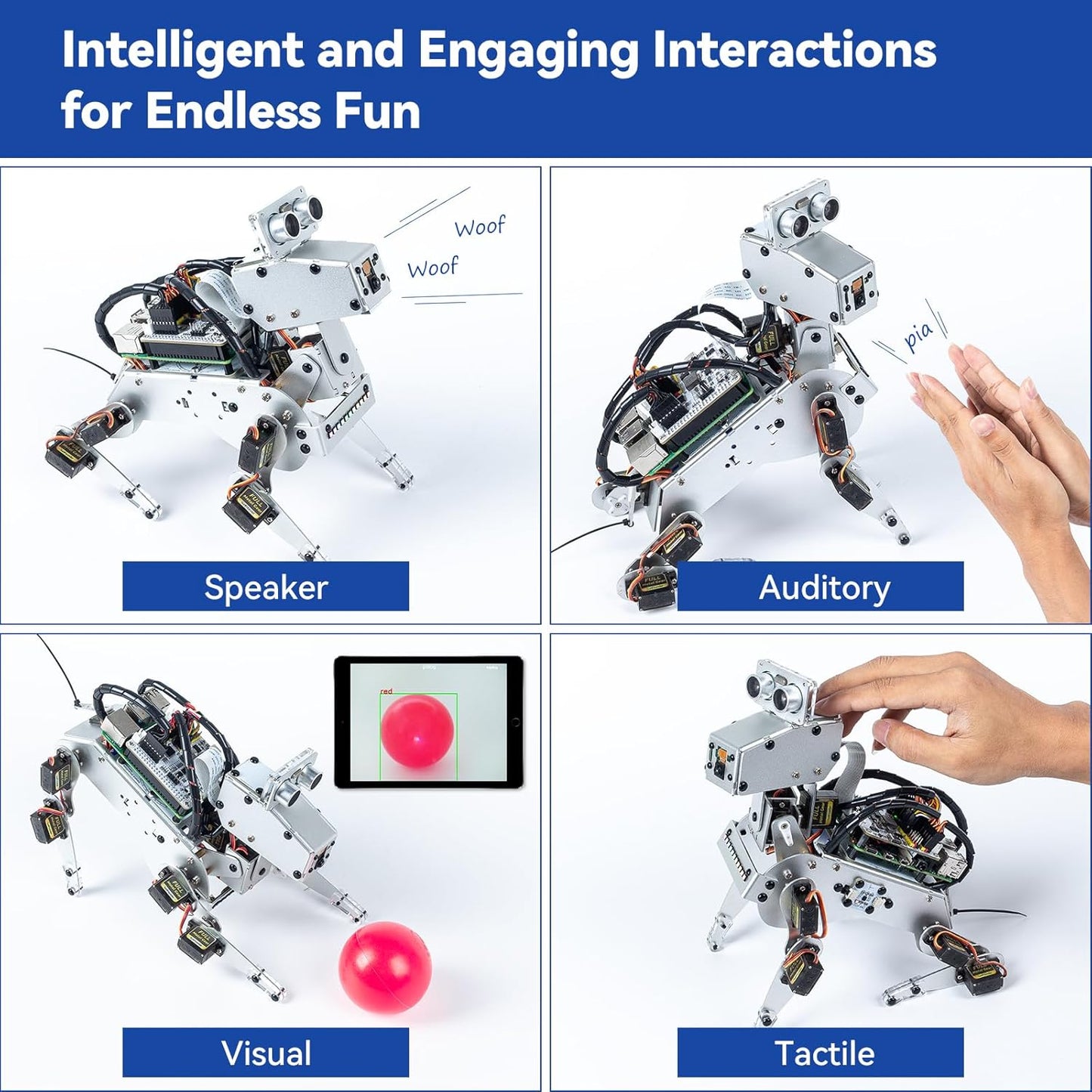 SunFounder PiDog AI Robot Dog Kit para Raspberry Pi 4/3B+/3B/Zero 2W, ChatGPT-4o habilitado con comando de voz y reconocimiento de video, control de aplicaciones, FPV, 12 servos, giroscopio, cámara,