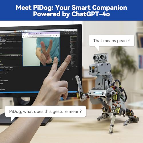 SunFounder PiDog AI Robot Dog Kit para Raspberry Pi 4/3B+/3B/Zero 2W, ChatGPT-4o habilitado con comando de voz y reconocimiento de video, control de aplicaciones, FPV, 12 servos, giroscopio, cámara,