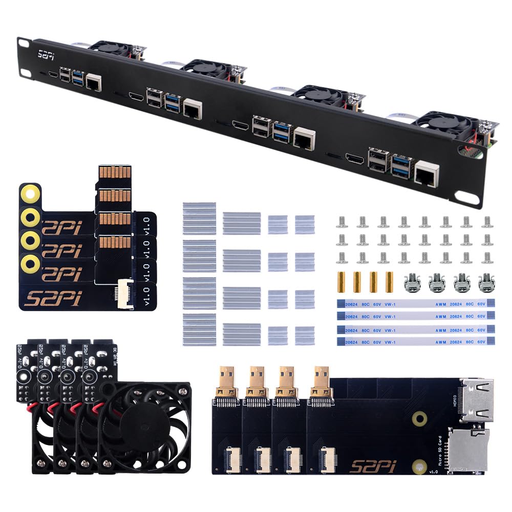 GeeekPi Soporte de rack 1U para Raspberry Pi 4, 19" 1U para montaje en rack soporta 1-4 unidades con 4 ventiladores, disipadores de calor de aluminio, placas micro HDMI, tarjeta TF a placas FPC para