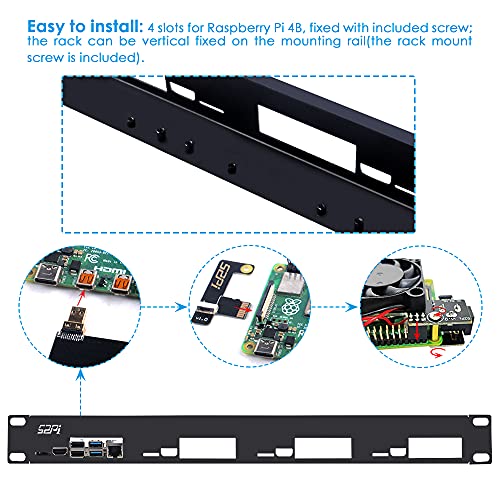 GeeekPi Soporte de rack 1U para Raspberry Pi 4, 19" 1U para montaje en rack soporta 1-4 unidades con 4 ventiladores, disipadores de calor de aluminio, placas micro HDMI, tarjeta TF a placas FPC para