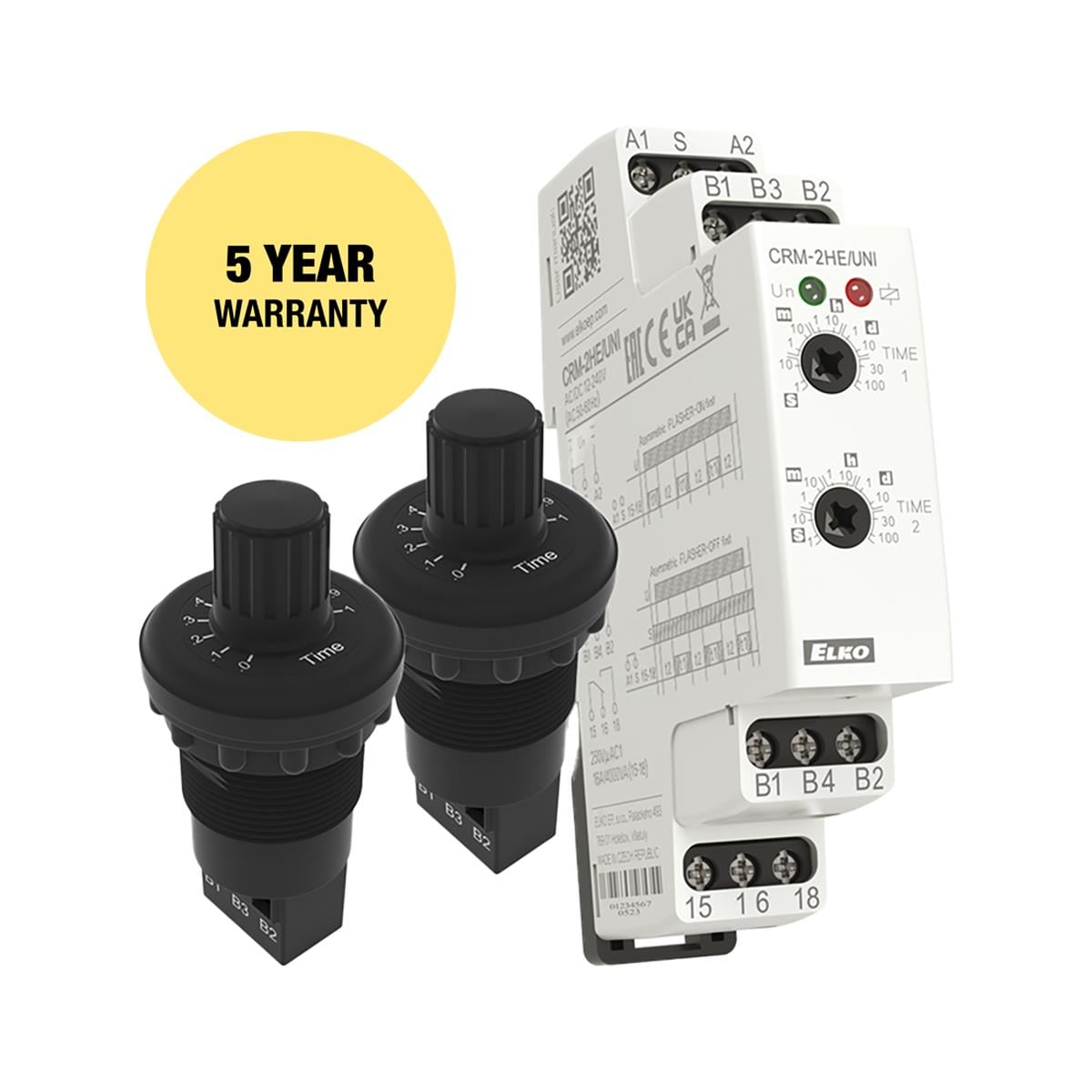 ELKO EP North America CRM-2HE/UNI + 2X POTENTIOMETER CRM-2HE Riel DIN Relé mecánico 0.1 seg ~ 100 días 16A a 250VCA/24VCC
