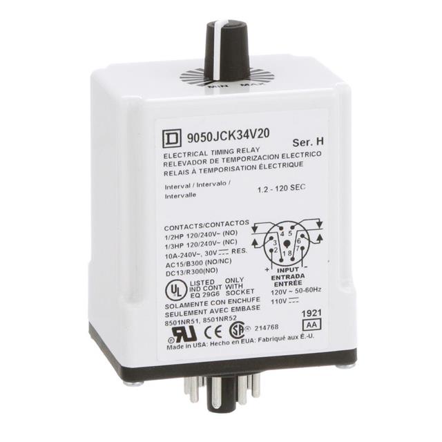 Schneider Electric 9050JCK34V20 Square D JCK Para enchufe Relé mecánico 1.2 ~ 120 seg 10A a 240VCA