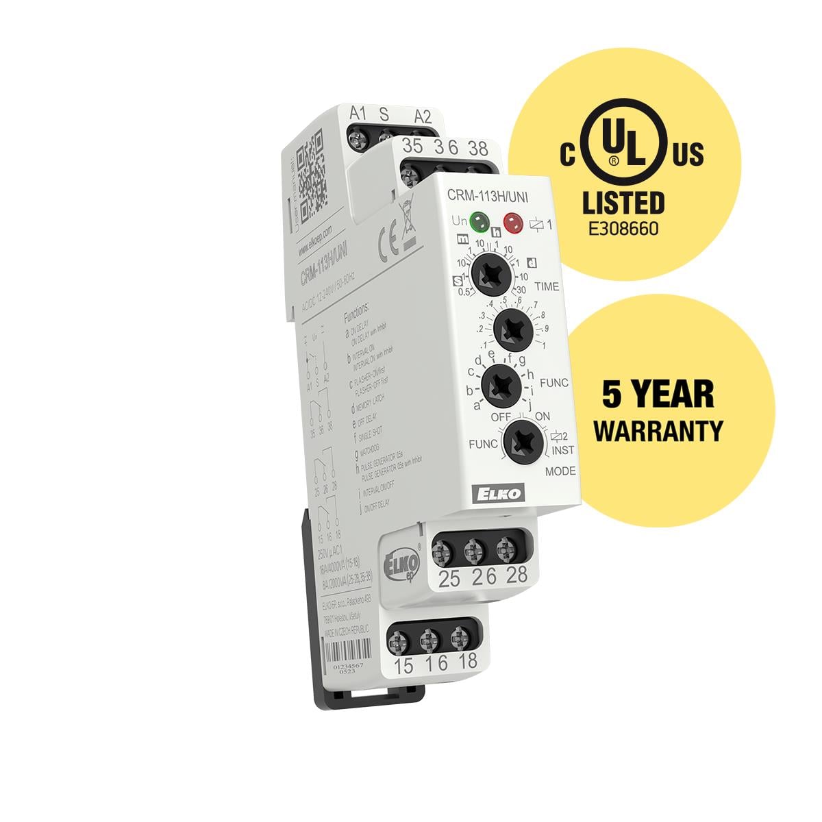 ELKO EP North America CRM-113H/UNI CRM Riel DIN Relé mecánico 0.05 seg ~ 30 días 16A a 250VCA/24VCC