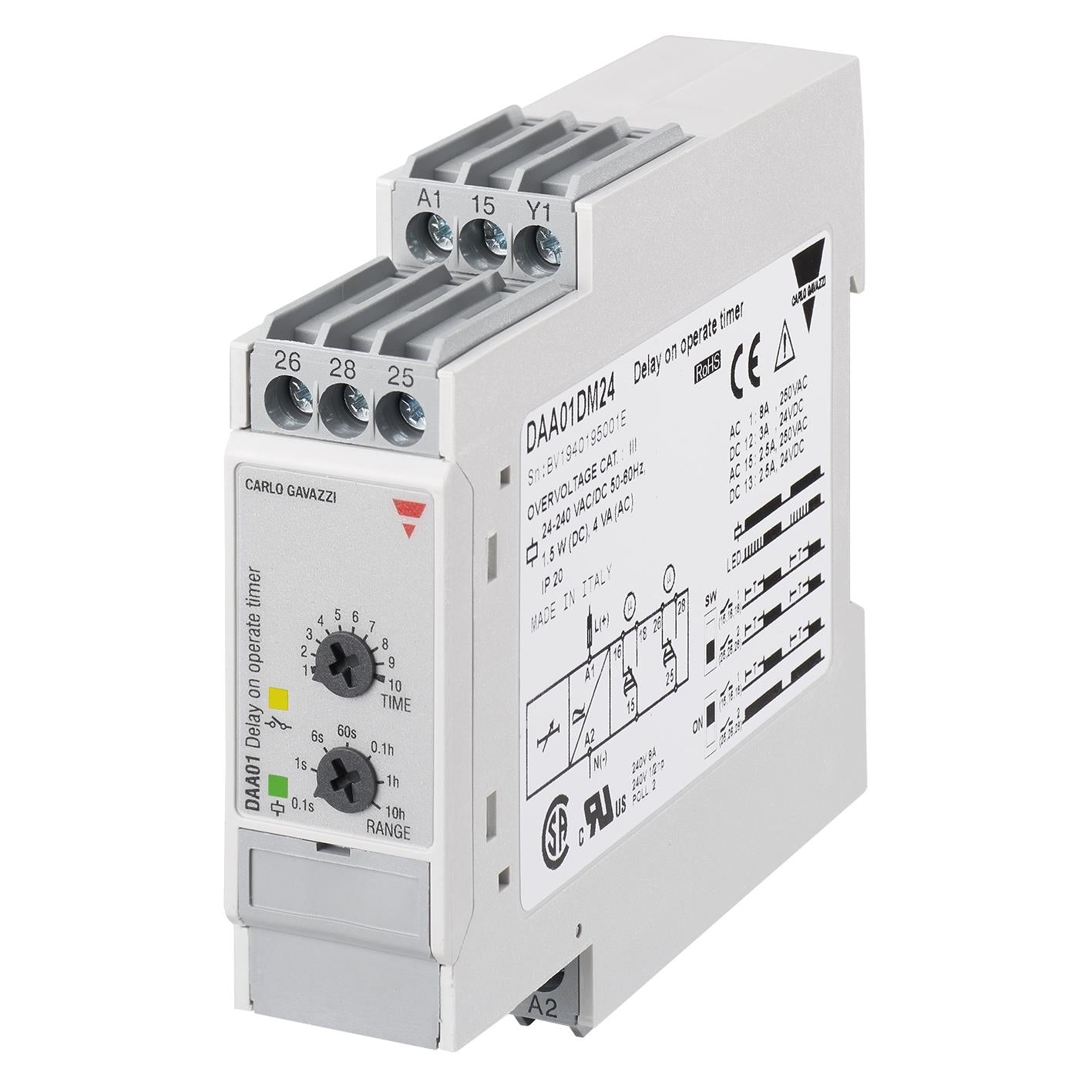Carlo Gavazzi Inc. DAA01CM24 DAA01 Riel DIN Relé mecánico 0.1 seg ~ 100 h 8A a 250VCA
