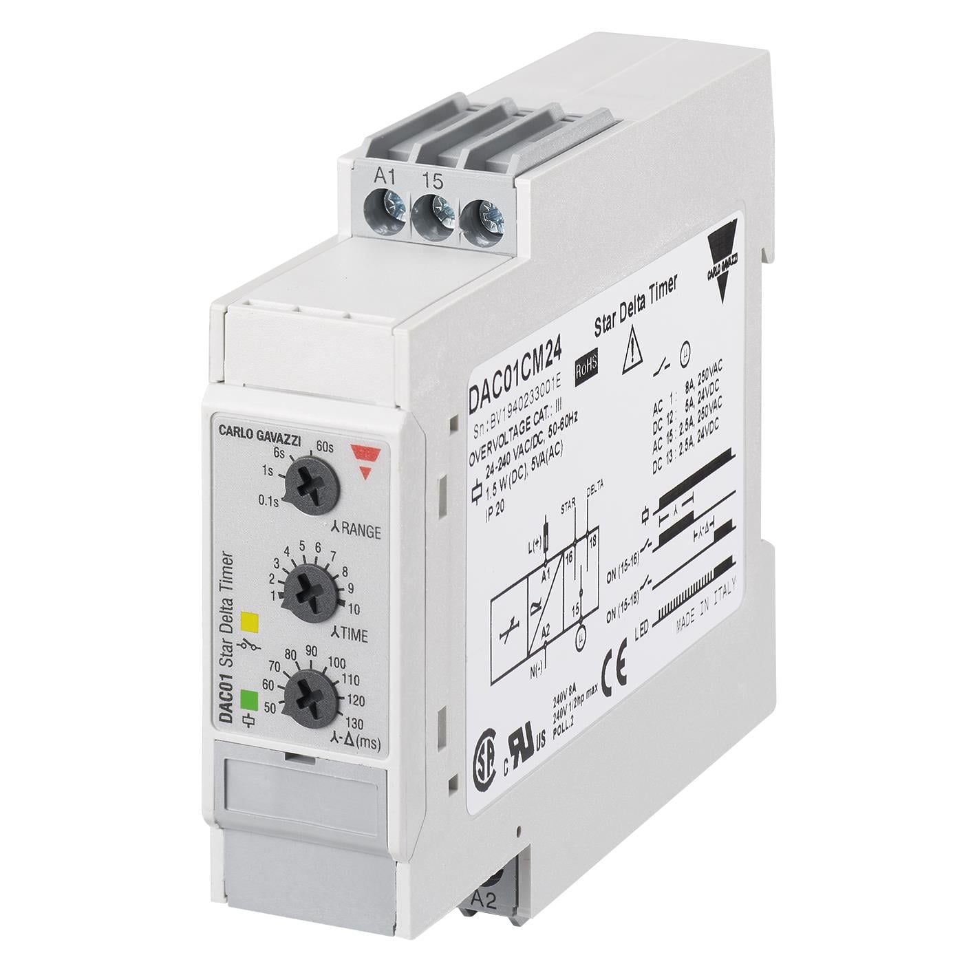 Carlo Gavazzi Inc. DAC01CM40 DAC01 Riel DIN Relé mecánico 0.1 seg ~ 600 seg 8A a 250VCA