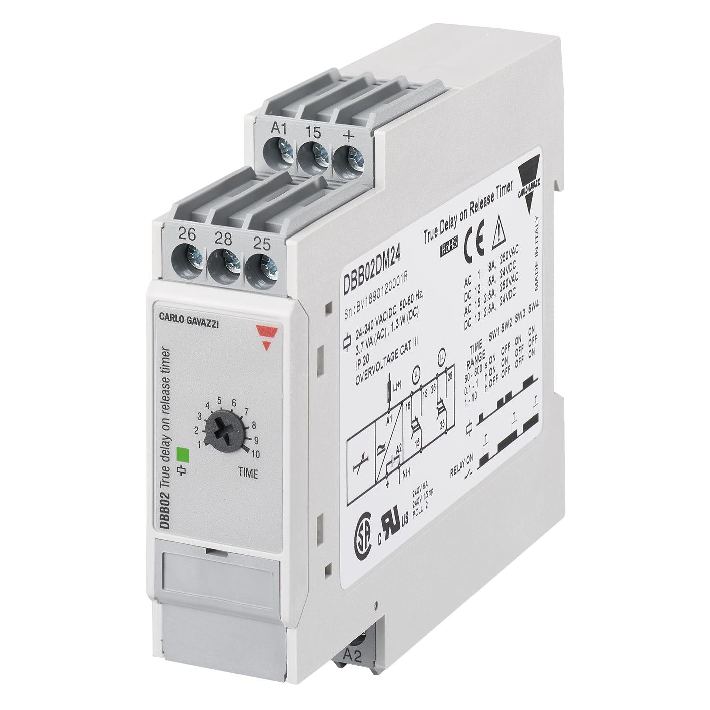 Carlo Gavazzi Inc. DBB02DM24 DBB02 Riel DIN Relé mecánico 60 seg ~ 10 h 8A a 250VCA