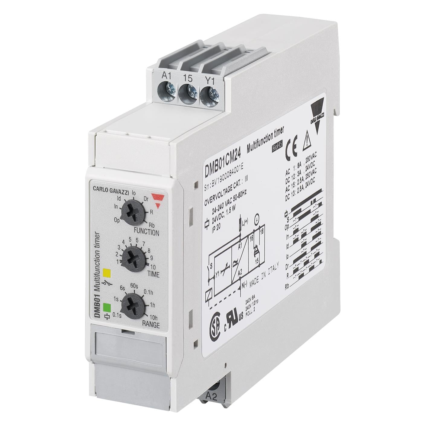 Carlo Gavazzi Inc. DMB01DM24 DMB01 Riel DIN Relé mecánico 0.1 seg ~ 100 h 8A a 250VCA