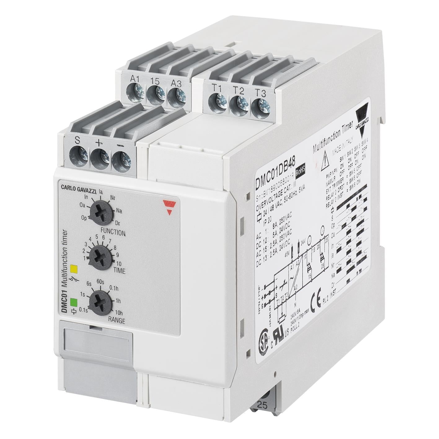 Carlo Gavazzi Inc. DMC01DB23 DMC01 Riel DIN Relé mecánico 0.1 seg ~ 100 h 8A a 250VCA