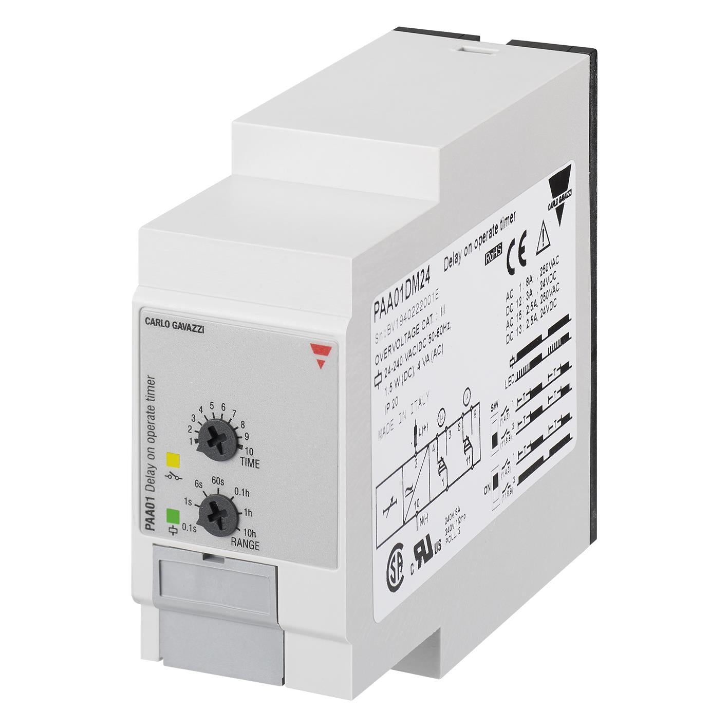 Carlo Gavazzi Inc. PAA01CM24 PAA01 Para enchufe Relé mecánico 0.1 seg ~ 100 h 8A a 250VCA