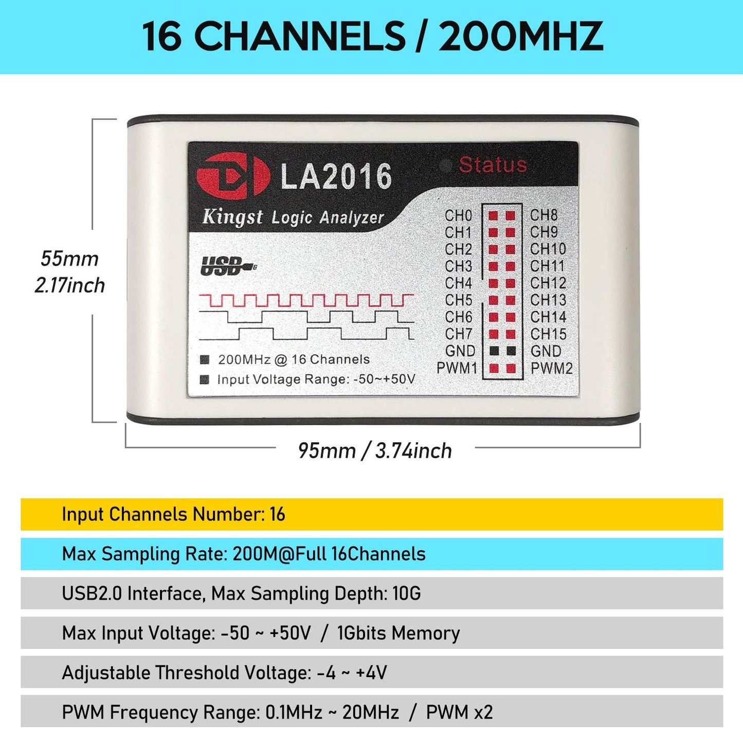 LA2016 USB Lógica Analizador Completo 16 Canales 200MHz Frecuencia de muestreo con el Inglés PC Software Instrumento de mano, Soporte Windows (32bit/64bit), Mac OS, Linux