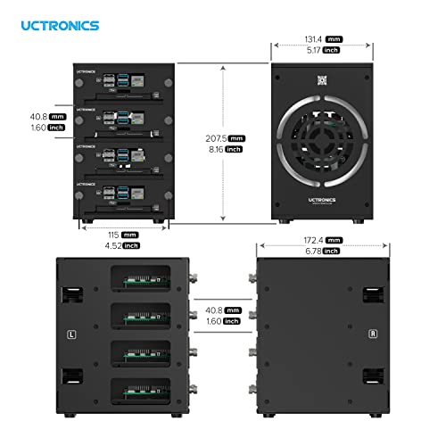 UCTRONICS Caja de clúster de escritorio para Raspberry Pi, hasta 4 Pis y SSD de 2.5", bandejas frontales extraíbles, ventilador de refrigeración LED de 4.7 in para Raspberry Pi 5/4B/3B+/3B