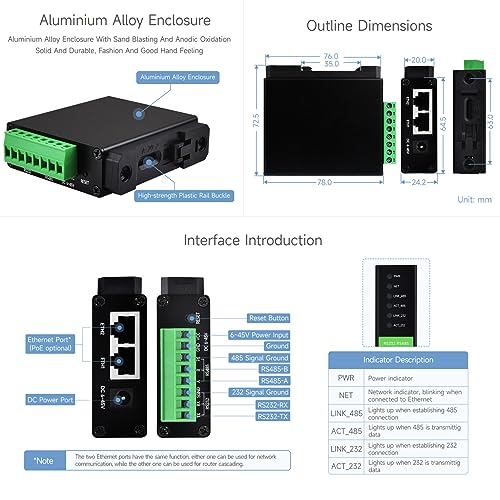 Waveshare RS232 RS485 al servidor serie Ethernet RJ45, funcionamiento independiente de canales duales RS232 y RS485, puertos Ethernet duales, puerto de red PoE
