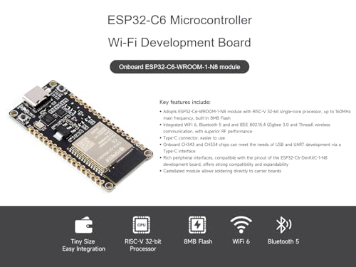 waveshare Placa de desarrollo del microcontrolador ESP32-C6 RISC-V integrado WiFi 6, Bluetooth 5 e IEEE 802.15.4 (Zigbee 3.0 & Thread), adopta el módulo ESP32-C6-WROOM-1-N8, soporte USB y desarrollo
