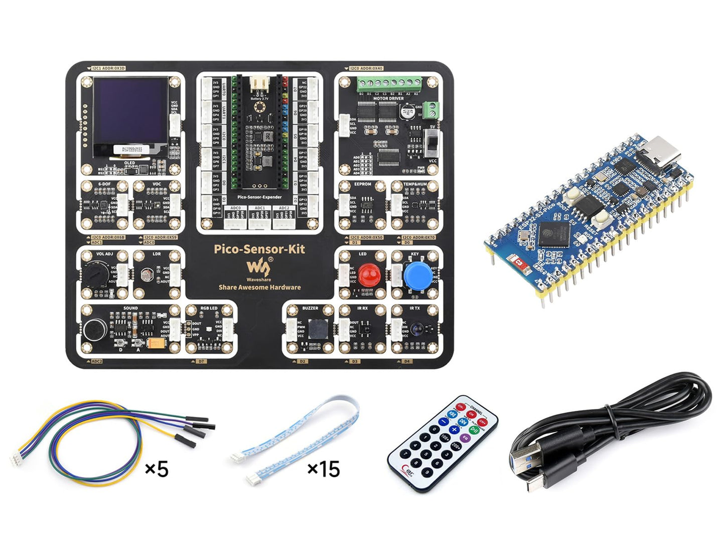 Waveshare Raspberry Pi Pico Entry-Level Sensor Kit, Including Pico Expansion Board and 15 Common modules, All-in-one Design, Bundle with ESP32-S3-Pico-M + Sensor Kit (6 Items)