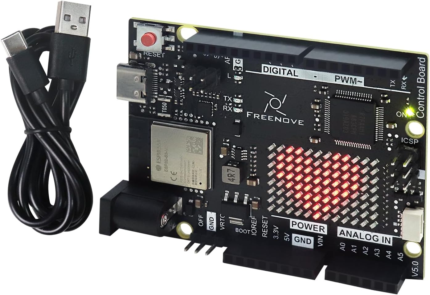 Freenove Tablero de control V5 Rev4 WiFi (compatible con Arduino IDE), microcontrolador Arm Cortex-M4, ESP32-S3 integrado, matriz LED, conector USB-C, proyectos de ejemplo y tutorial de código