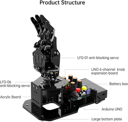 Mano de robot con Arduino UNO, código abierto AI Bionic mano robótica cinco dedos único movimiento brazo mecánico DIY robot inteligente y kits de ingeniería, conjunto de