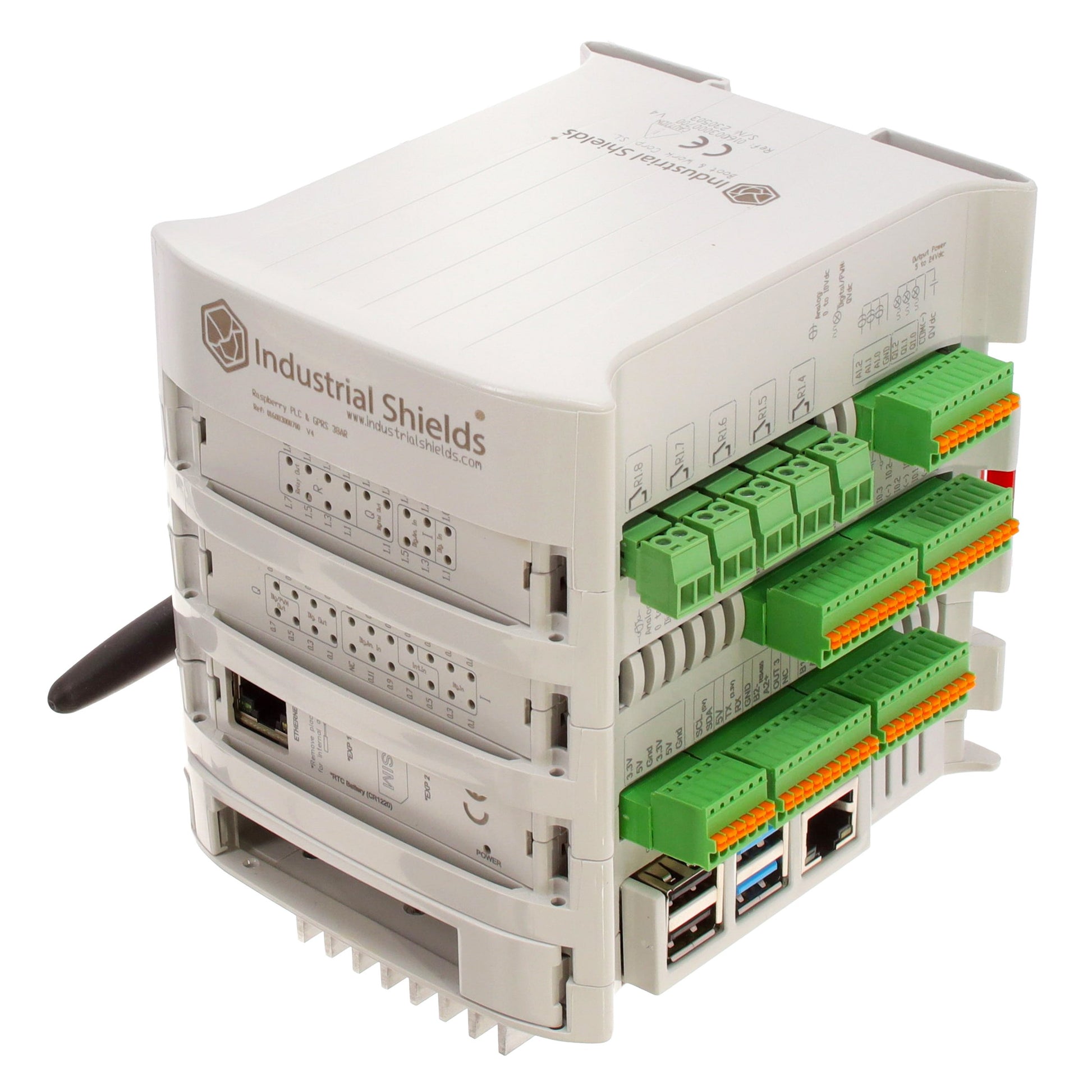 Industrial Shields 12003300700 - RASPBERRY PLC & GPRS 38AR I/OS A 18 - Digital (8), Analog (10)