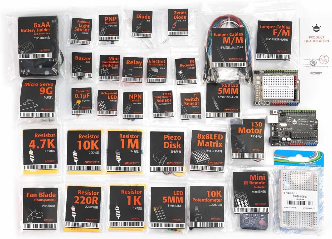 DFROBOT UNO R3 Kit de inicio completo para Arduino con tutorial detallado - Compatible con Arduino UNO R3 y Arduino IDE para electrónica y aprendizaje de programación Arduino