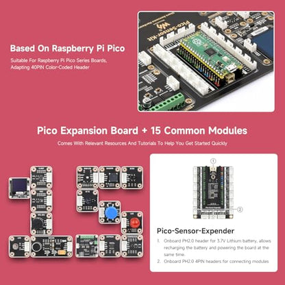 Waveshare Raspberry Pi Pico Entry-Level Sensor Kit, Including Pico Expansion Board and 15 Common modules, All-in-one Design, Bundle with ESP32-S3-Pico-M + Sensor Kit (6 Items)