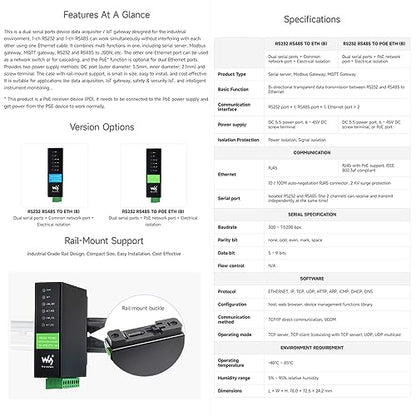 Waveshare RS232 RS485 al servidor serie Ethernet RJ45, funcionamiento independiente de canales duales RS232 y RS485, puertos Ethernet duales, puerto de red PoE