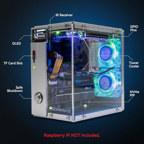Pironman 5 NVMe M.2 SSD PCIe Mini PC Funda para Raspberry Pi 5 Hailo-8L AI Acelerador con Enfriador de Torre + Ventiladores RGB duales, Módulo OLED de 0.96 pulgadas PC SEMIENSAMBLADA