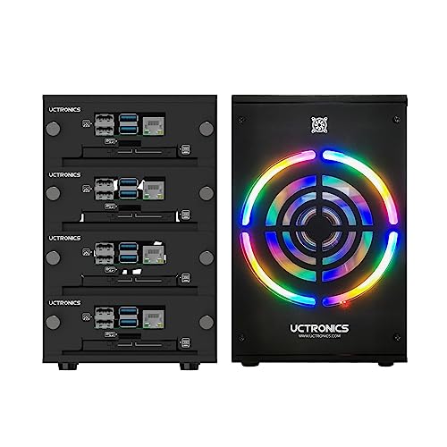 UCTRONICS Caja de clúster de escritorio para Raspberry Pi, hasta 4 Pis y SSD de 2.5", bandejas frontales extraíbles, ventilador de refrigeración LED de 4.7 in para Raspberry Pi 5/4B/3B+/3B