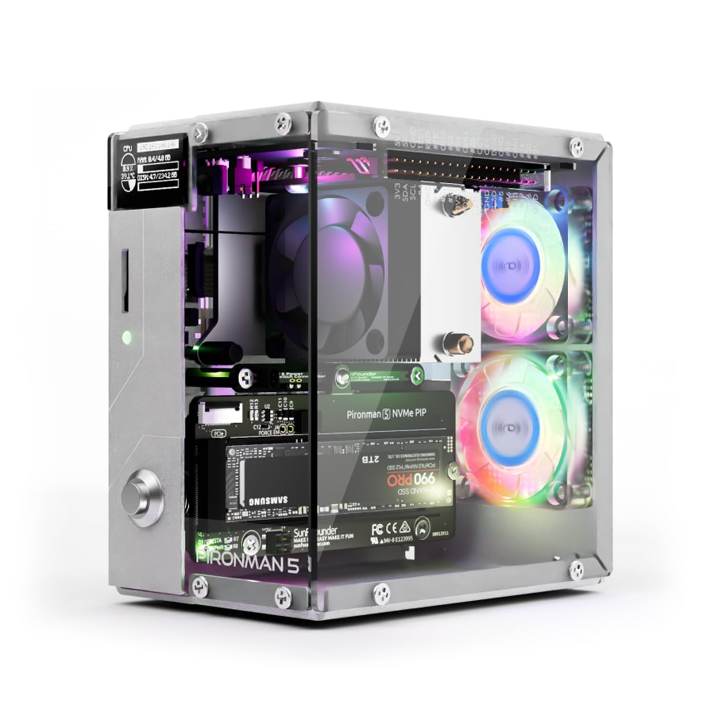 Pironman 5 NVMe M.2 SSD PCIe Mini PC Funda para Raspberry Pi 5 Hailo-8L AI Acelerador con Enfriador de Torre + Ventiladores RGB duales, Módulo OLED de 0.96 pulgadas PC SEMIENSAMBLADA