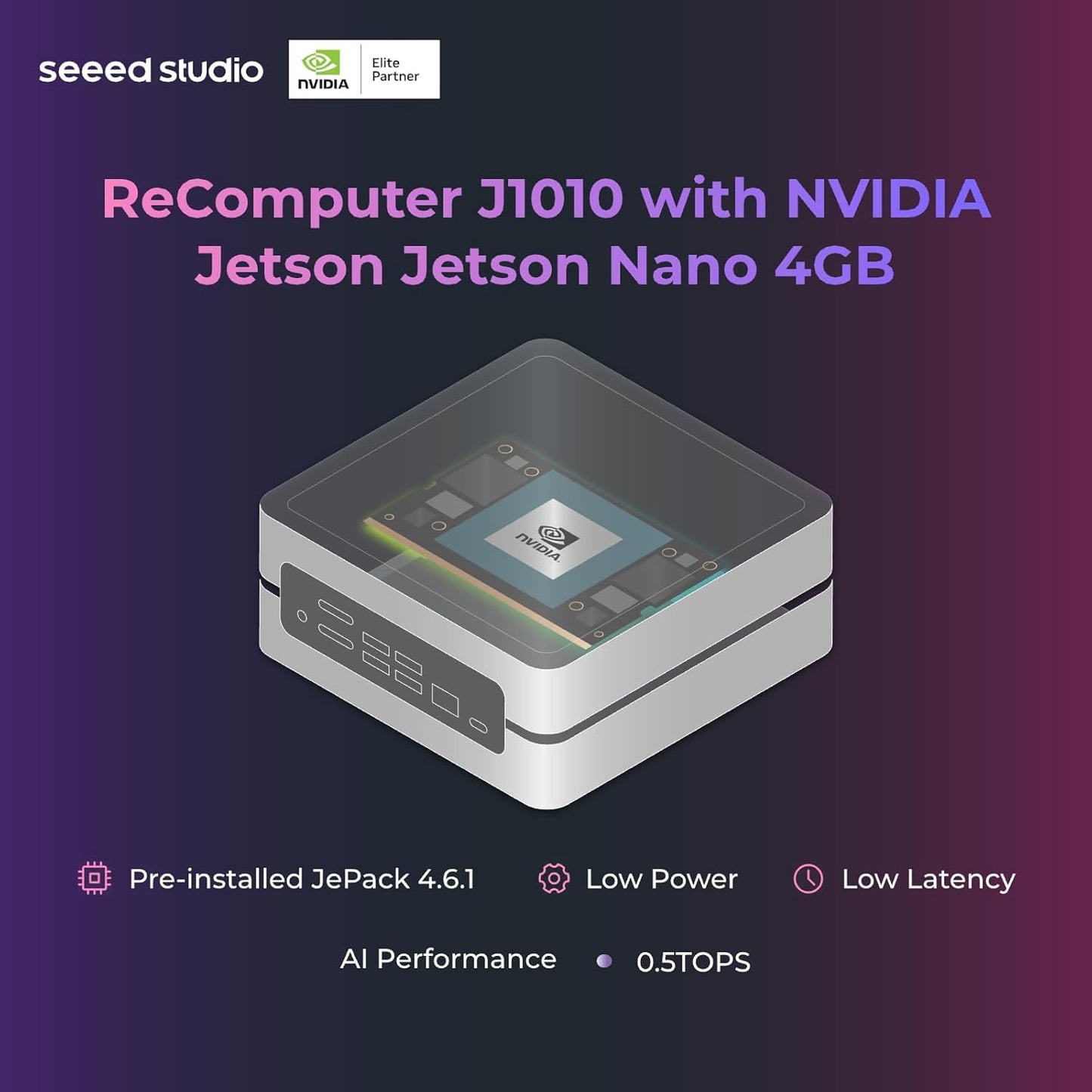 Seeed studio Dispositivo NVIDIA Jetson Nano Edge AI - Kit reComputer J1010, funda de aluminio, sistema Jetpack preinstalado. Mini PC con 0.5 TFLOPs (FP16), fuente de alimentación no incluida
