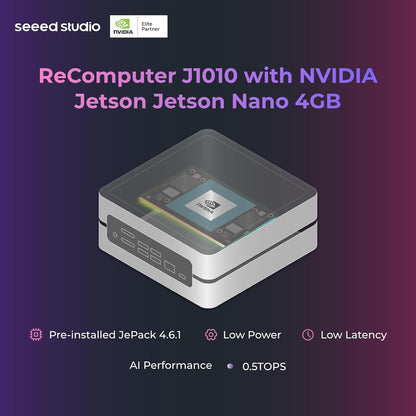 Seeed studio Dispositivo NVIDIA Jetson Nano Edge AI - Kit reComputer J1010, funda de aluminio, sistema Jetpack preinstalado. Mini PC con 0.5 TFLOPs (FP16), fuente de alimentación no incluida