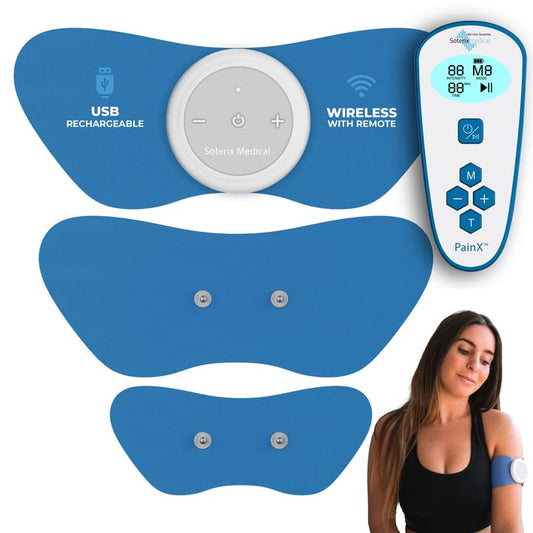 PainX TENS - Estimulador muscular inalámbrico con EMS - Unidad FSA Tens para dolor de espalda, rodilla, cuello y cara con control remoto, unidad portátil de decenas inalámbrica,