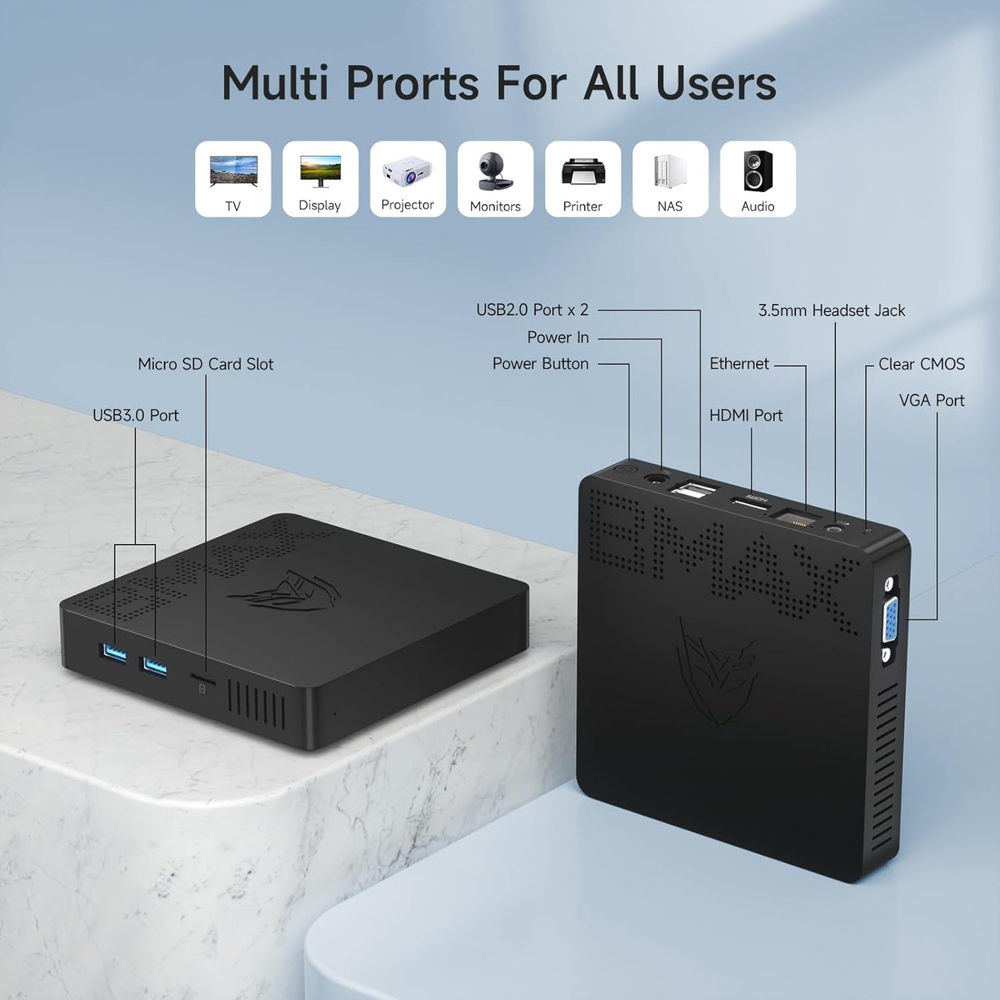 Bmax Mini PC B1 Pro 8 GB LPDDR4 /128 GB eMMC, Intel Gemini Lake N4000 (hasta 2.6 GHz), compatible con expansión SSD M.2 de 512 GB/2 TB, WiFi dual BT4.2 de 2.4G/5G, 4K Dual Display Micro Computadora