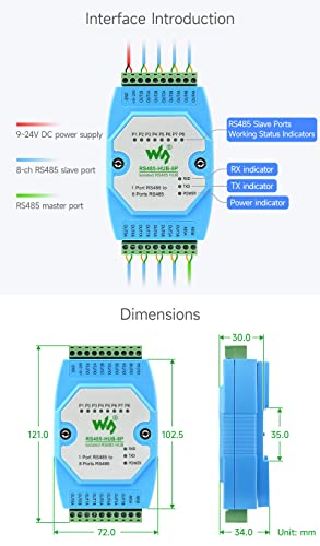 Waveshare Concentrador RS485 aislado de grado industrial de 8 Ch, soporte de montaje en riel, amplio rango de velocidad de baudios