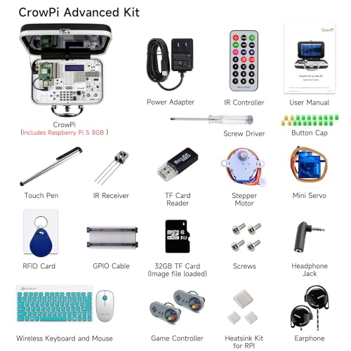 ELECROW Kit para Raspberry Pi 5 8GB, con Pi 5 8GB de una sola placa, Crowpi Pi 5 Kit de funda con pantalla de 9 pulgadas, compatible con Raspberry Pi 5 Kit de programación de aprendizaje con sensores