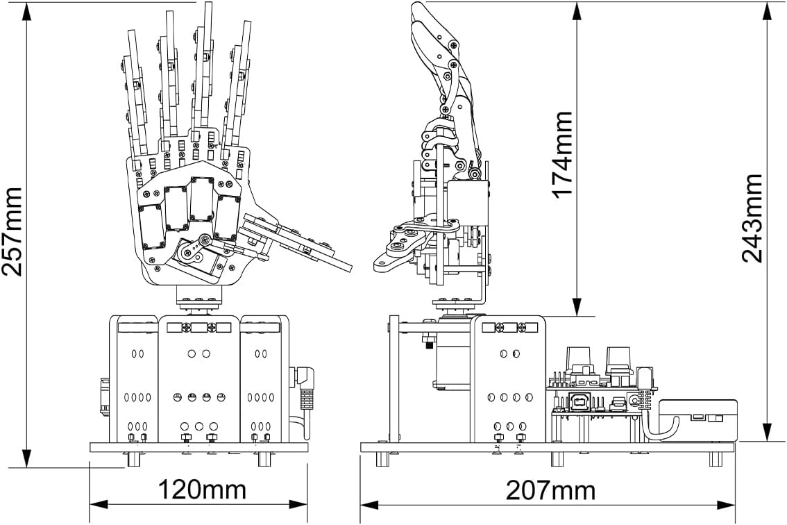 Mano de robot con Arduino UNO, código abierto AI Bionic mano robótica cinco dedos único movimiento brazo mecánico DIY robot inteligente y kits de ingeniería, conjunto de