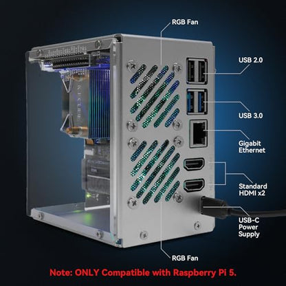 Pironman 5 NVMe M.2 SSD PCIe Mini PC Funda para Raspberry Pi 5 Hailo-8L AI Acelerador con Enfriador de Torre + Ventiladores RGB duales, Módulo OLED de 0.96 pulgadas PC SEMIENSAMBLADA