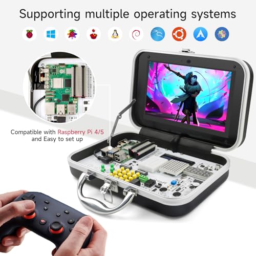 ELECROW Kit para Raspberry Pi 5 8GB, con Pi 5 8GB de una sola placa, Crowpi Pi 5 Kit de funda con pantalla de 9 pulgadas, compatible con Raspberry Pi 5 Kit de programación de aprendizaje con sensores