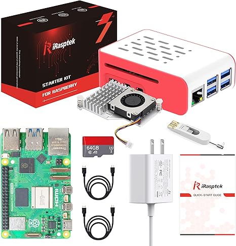 iRasptek Starter Kit for Raspberry Pi 5 RAM 16GB -Pre-Loaded with 64GB Edition Raspberry Pi OS （Red&White Case）
