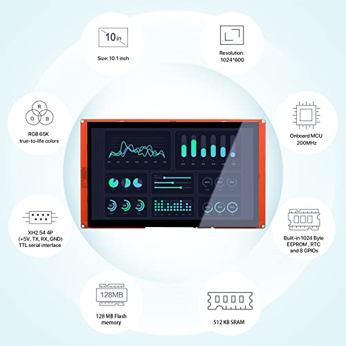 Nextion Pantalla táctil capacitiva LCD-TFT LCD-TFT de la serie inteligente de 10.1 ″ NX1060P101-011C-I 1024 * 600, ampliamente utilizado en vehículos, impresora 3D, funciones de reproducción de