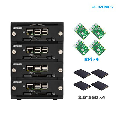 UCTRONICS Caja de clúster de escritorio para Raspberry Pi, hasta 4 Pis y SSD de 2.5", bandejas frontales extraíbles, ventilador de refrigeración LED de 4.7 in para Raspberry Pi 5/4B/3B+/3B